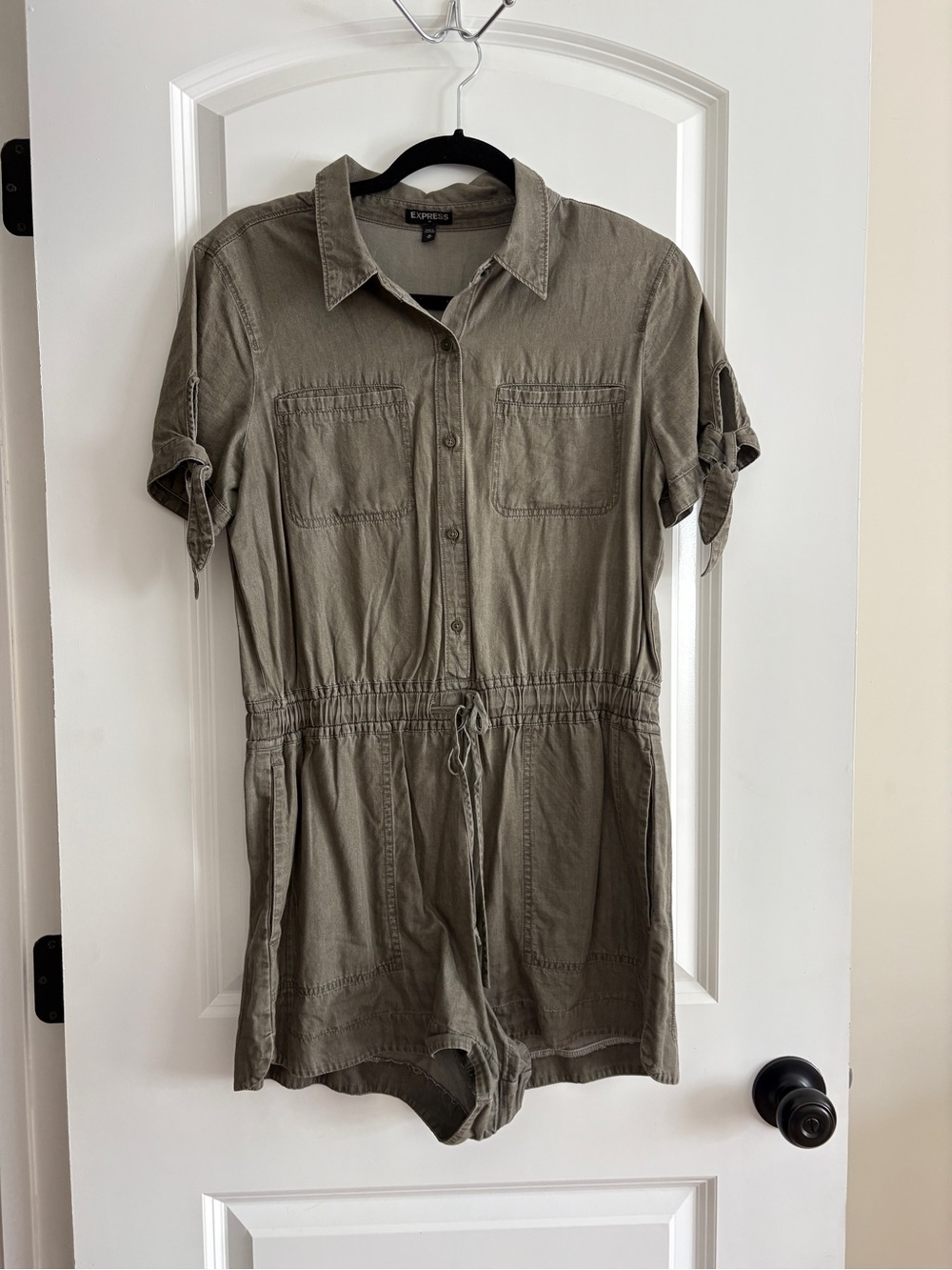 Express Olive Utility Romper with Drawstring Waist